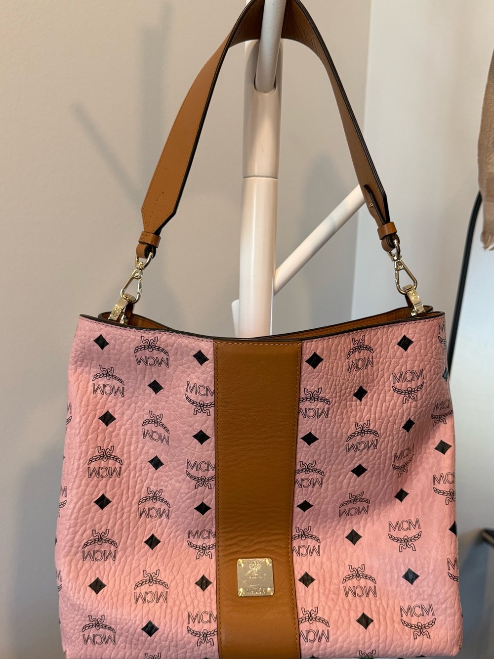 MCM Pink Visetos Shoulder Bag with Cognac Center Panel